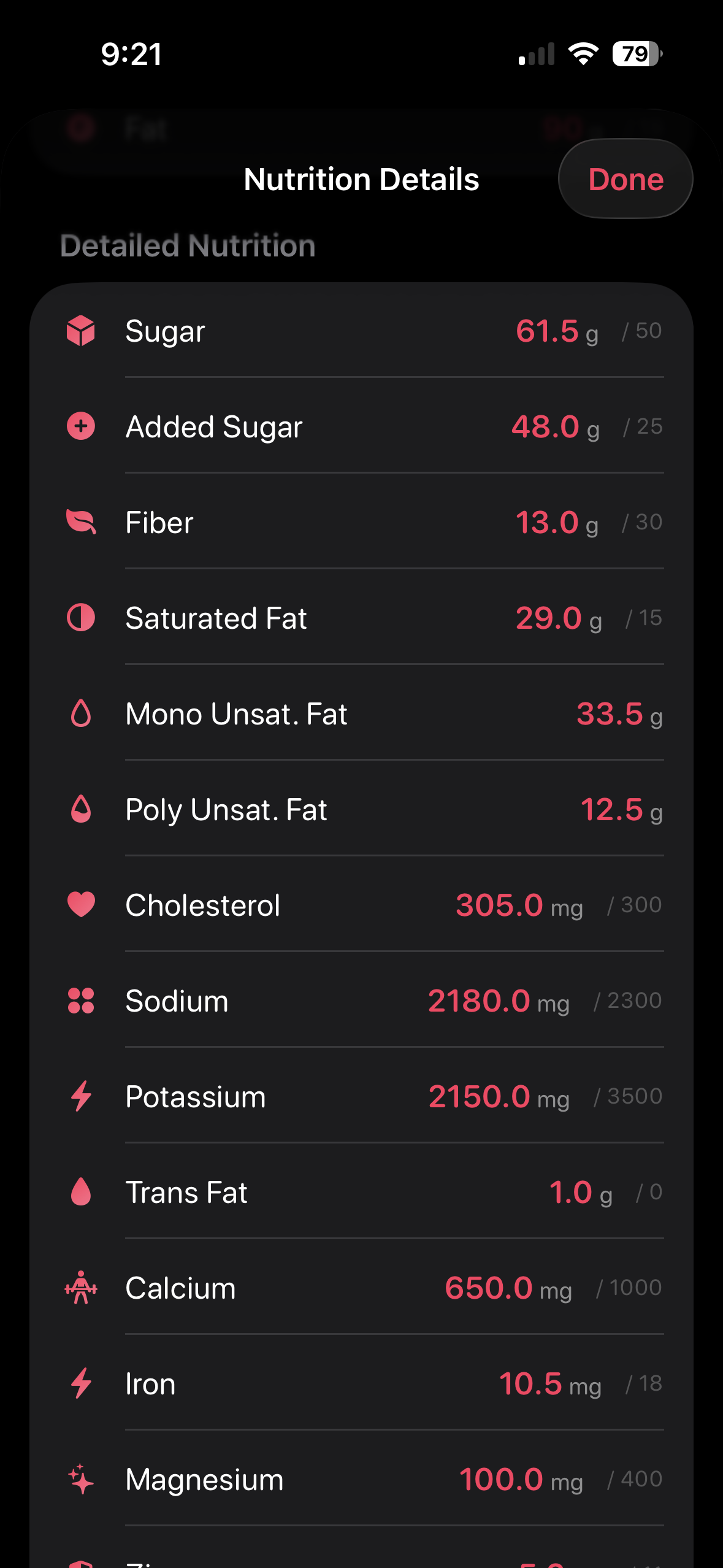 Detailed nutrition and optional nutrients