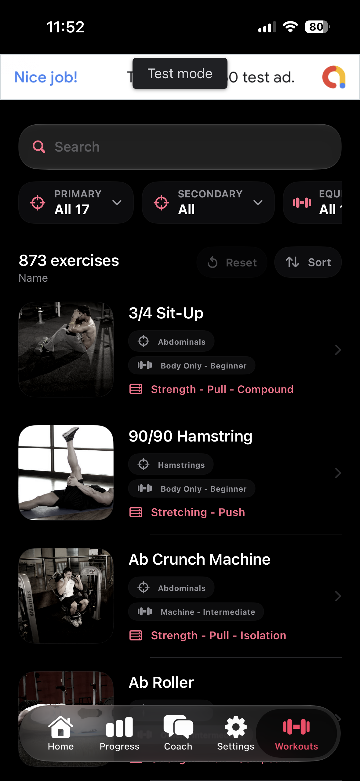 Fud AI workout exercise library with muscle and equipment filters
